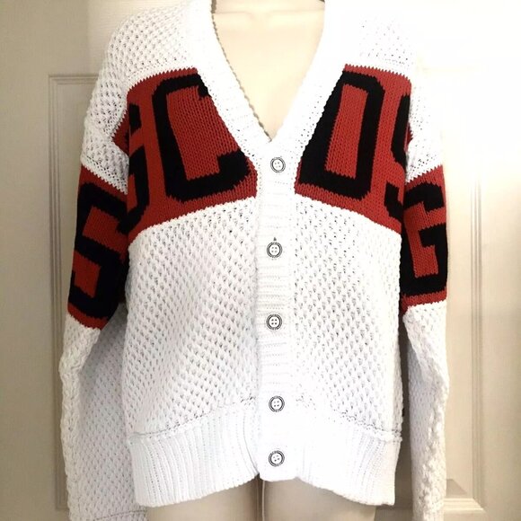 NWT $499 Auth GCDS Logo White/Red/Black Women/Men Relaxed Cardigan Sweater Sz S - Picture 2 of 6